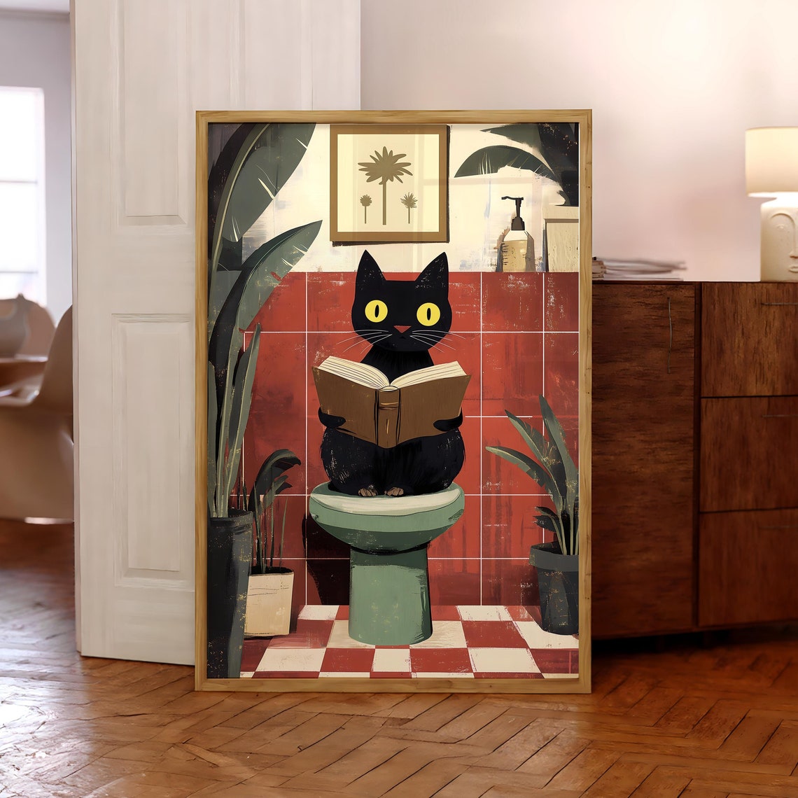 Funny Bathroom Cat Print Pooping Wall Art Pink Toilet Poster Lover Gift Black Optional Frame