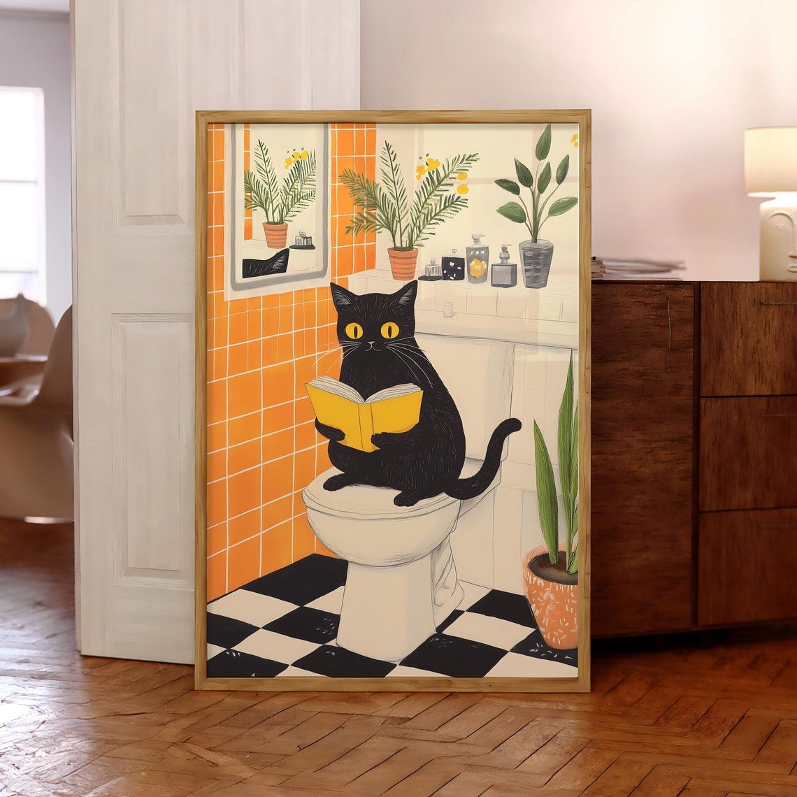 Black Cat Reading Book on White Toilet Funny Bathroom Poster