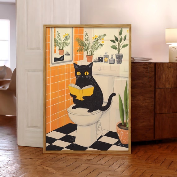 Funny Bathroom Cat Print Lover Gift Art Pink Toilet Poster Wall Pooping Black Optional Frame