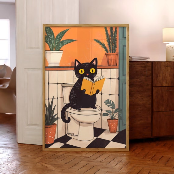 Funny Bathroom Cat Print Pink Toilet Poster Wall Art Lover Gift Black Pooping Optional Frame