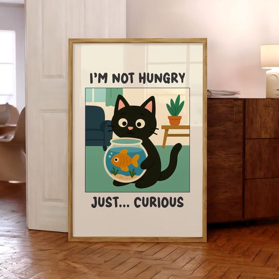 Funny Cat And Fish Tank Poster Aquarium Matisse Playful Lover Wall Art Cute Black Goldfish Print Optional Frame