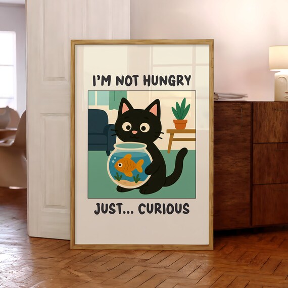 Hungry Just Curious Cartoon Cat Fish Tank Cute Feline Poster
