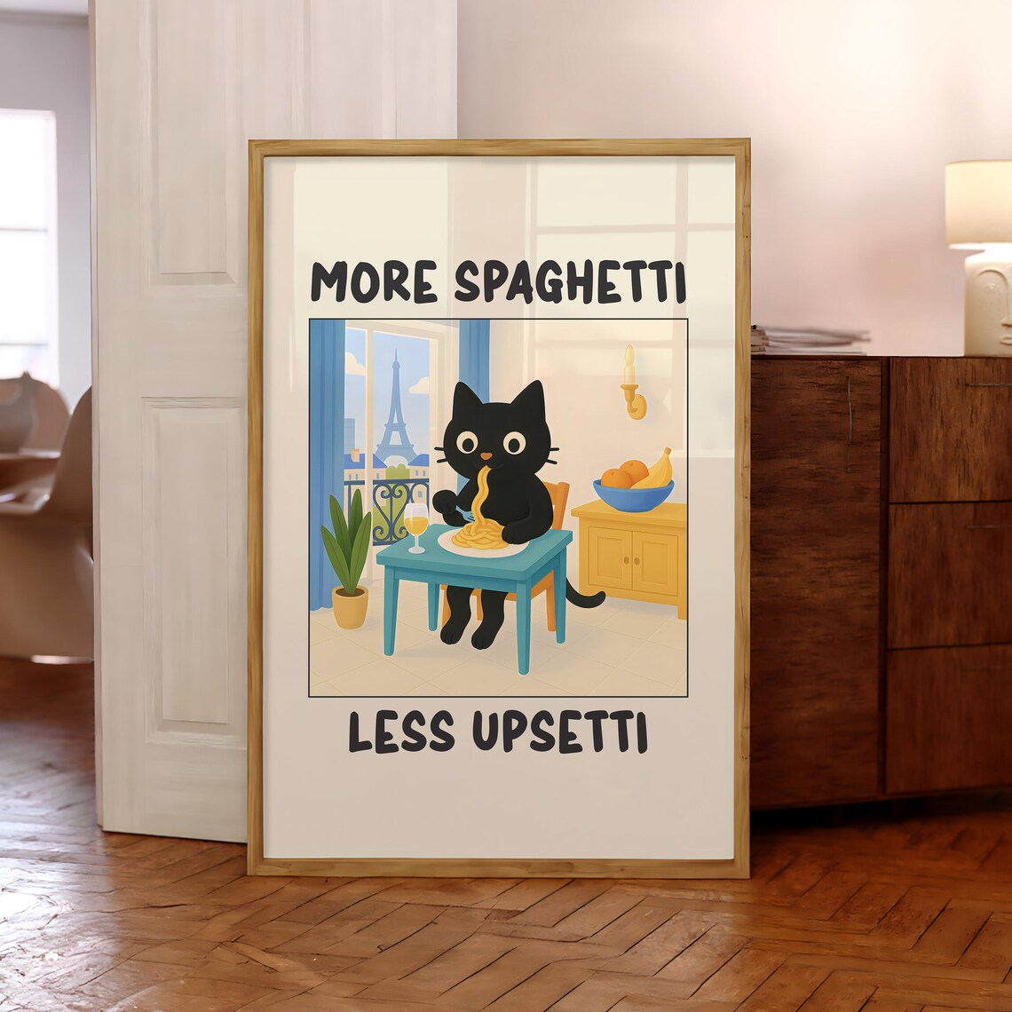 Black Cat Eating Spaghetti Poster with Paris View More Spaghetti Quote Art