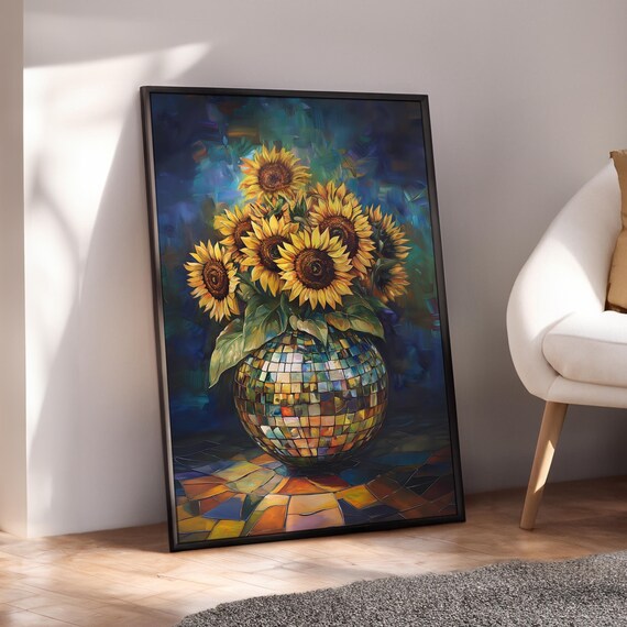 Sunflower Bouquet Disco Ball Vase Moody Floral Still Life Poster