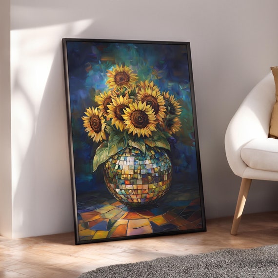 Sunflowers Disco Ball Print Retro Eclectic Wall Art Botanical Flowers Bouquet Maximalist Funky Floral Poster Digital File