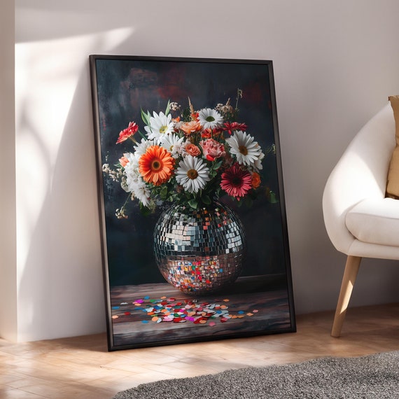 Disco Ball Florals Print Wildflower Bouquet Art Retro Eclectic Wall Botanical Maximalist Funky Floral Poster Digital File