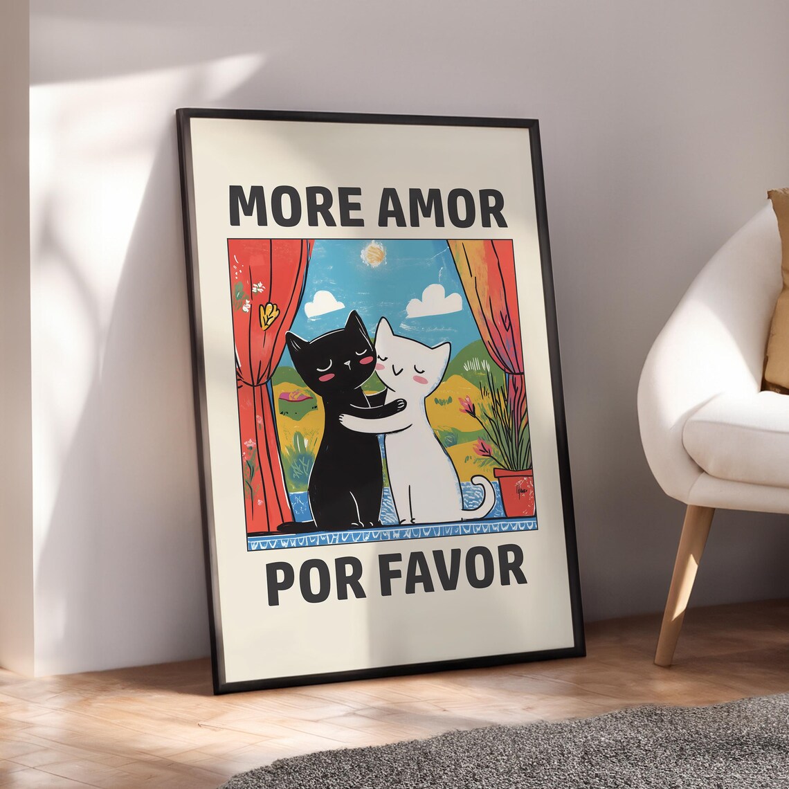 More Amor Por Favor Cats Hugging Sunny Window Cute Retro Love Poster