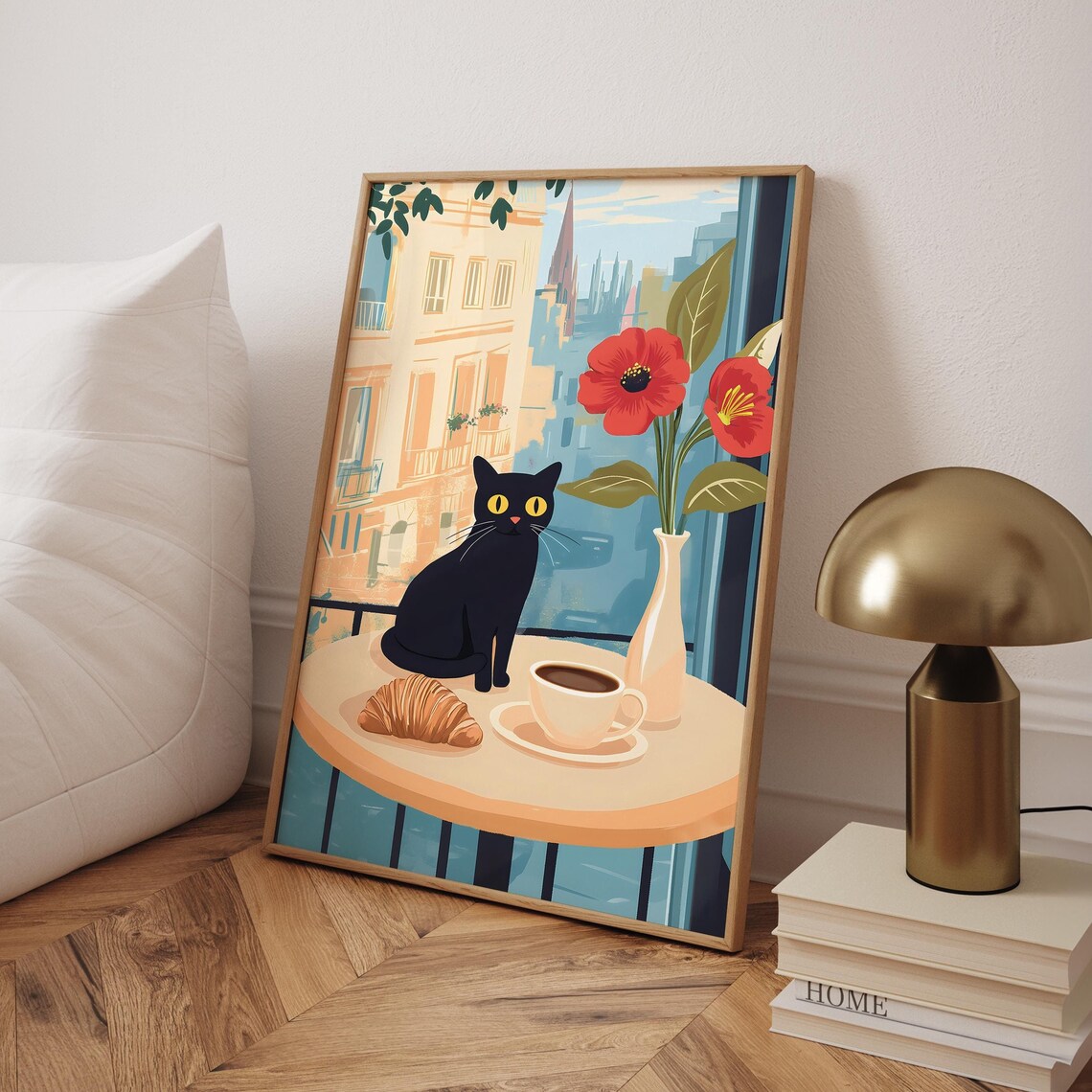 French Cafe Black Cat With Croissant Coffee And Poppy Flowers Art Poster