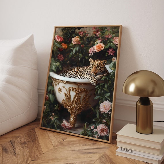 Leopard In Bathtub Print Pink Prints Jungle Wall Art Cheetah Bathroom Poster Animal Optional Frame