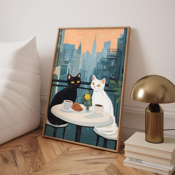 Cats New York Coffee Print Vintage Bar Wall Art Retro Espresso Poster Kitchen Cute Caf Digital File