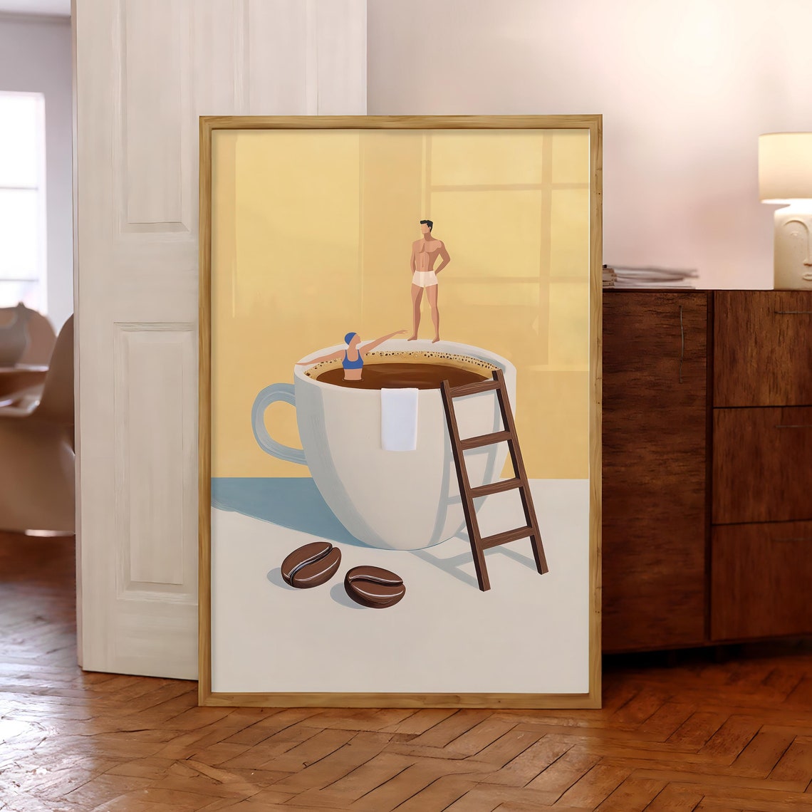 Coffee Swimmers Giant Espresso Cup Playful Kitchen Art Poster