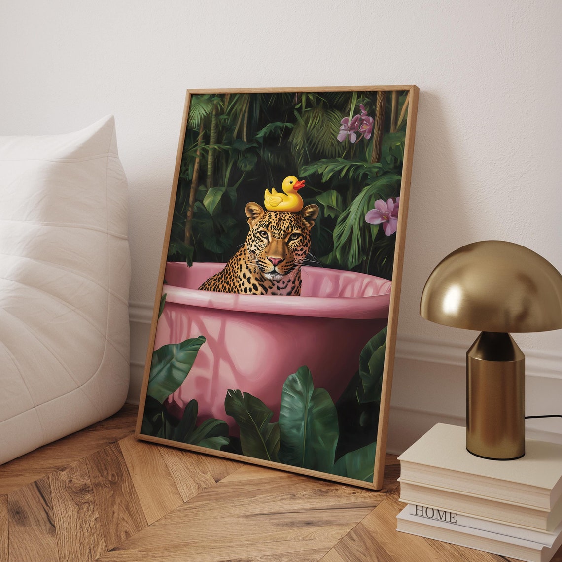 Leopard in Pink Bathtub With Rubber Duck Funny Bathroom Wall Art