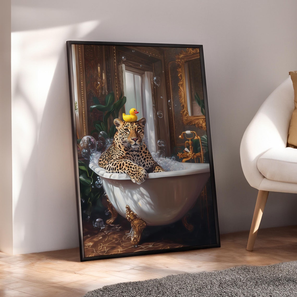 Leopard in Bubble Bathtub Rubber Duck Luxury Bathroom Art Poster