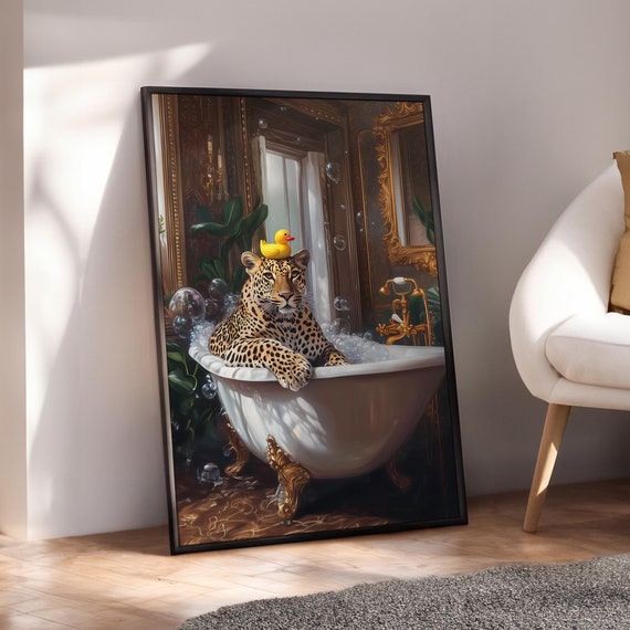 Leopard With Rubber Duck Poster In Bathtub Print Pink Bathroom Prints Animal Funny Wall Art Digital File