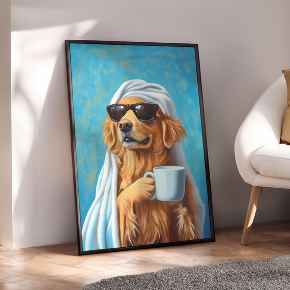 Cool Dog Drinking Coffee Poster Dopamine Eclectic Art Print Maximalist Wall Decor Digital File