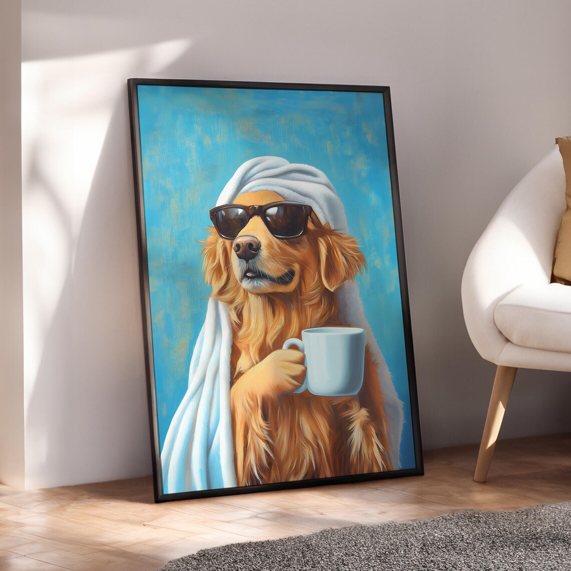 Cool Golden Retriever with Coffee Poster Sunglasses Dog Maximalist Decor