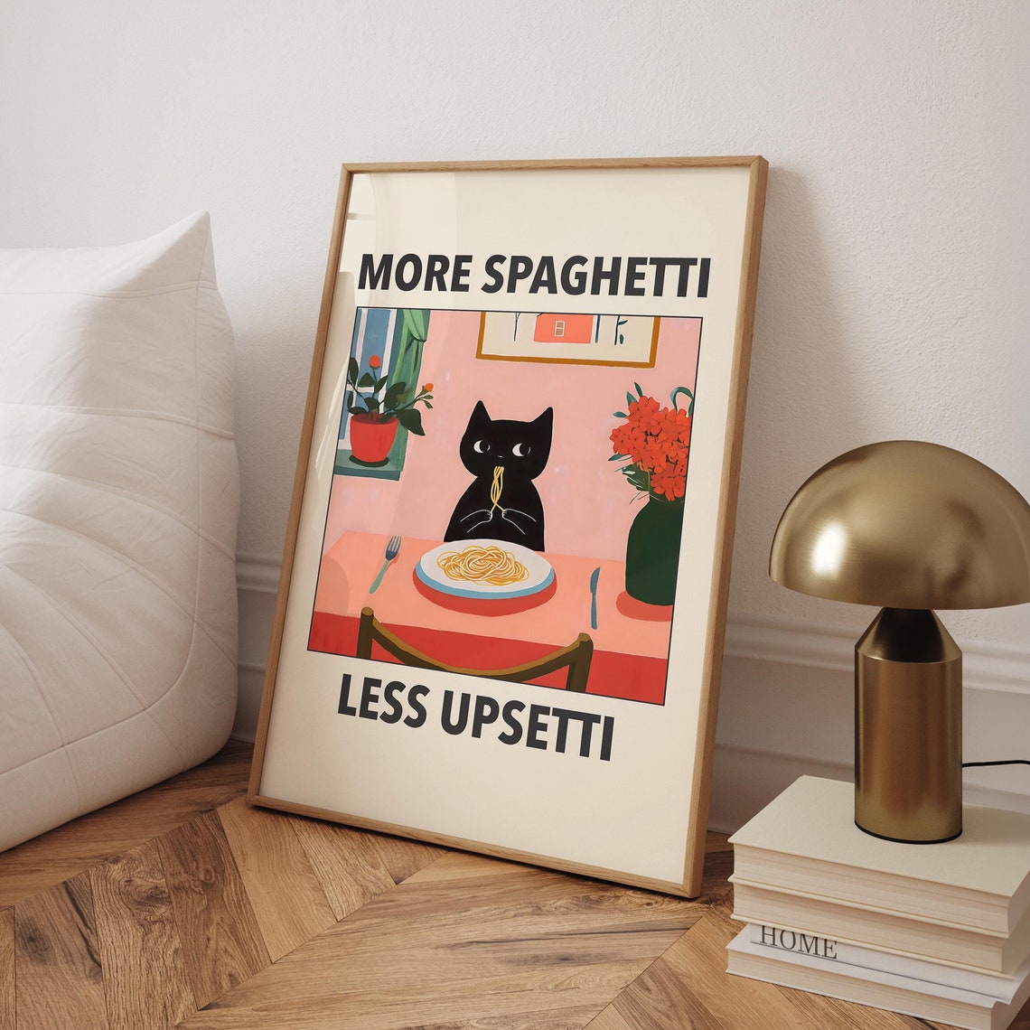 More Spaghetti Less Upsetti Cat Poster Pasta Print Retro Diner Italian Kitchen Funny Black Wall Art Digital File