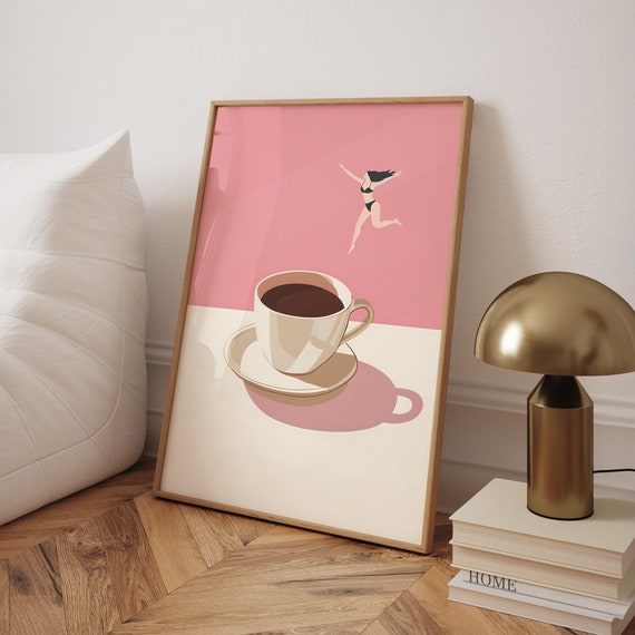 Coffee Diver Print Trendy Kitchen Poster Pink Wall Art Good Morning Lover Prints Digital File