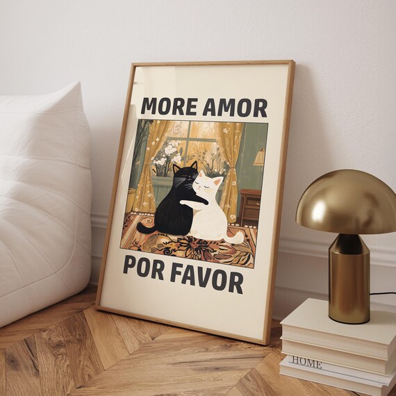 More Amor Por Favor Black White Cats Cuddling Retro Love Quote Poster