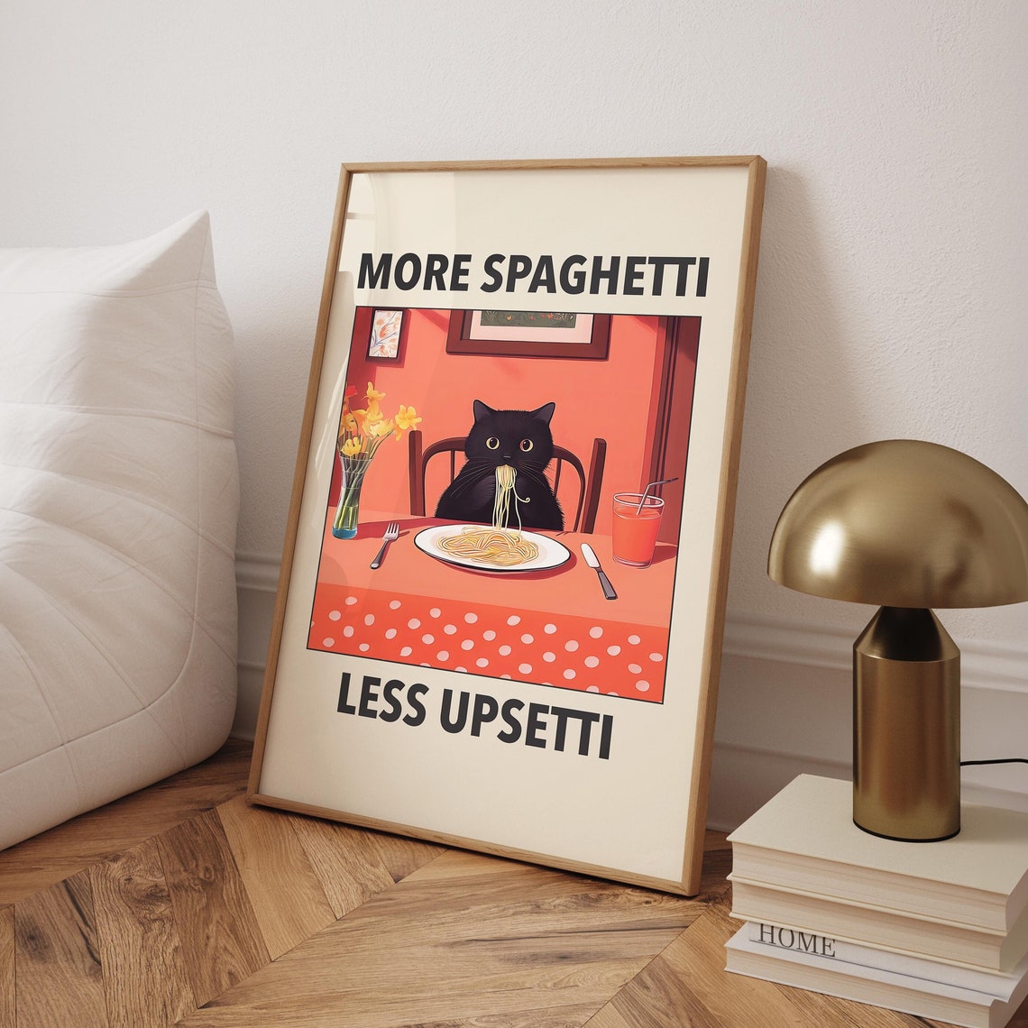 More Spaghetti Less Upsetti Cat Poster Retro Diner Pasta Print Italian Kitchen Funny Black Wall Art Digital File
