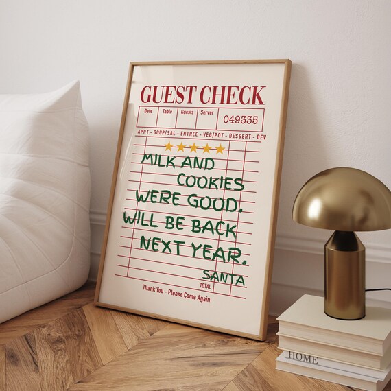 Funny Santa Guest Check Milk and Cookies Christmas Receipt Print