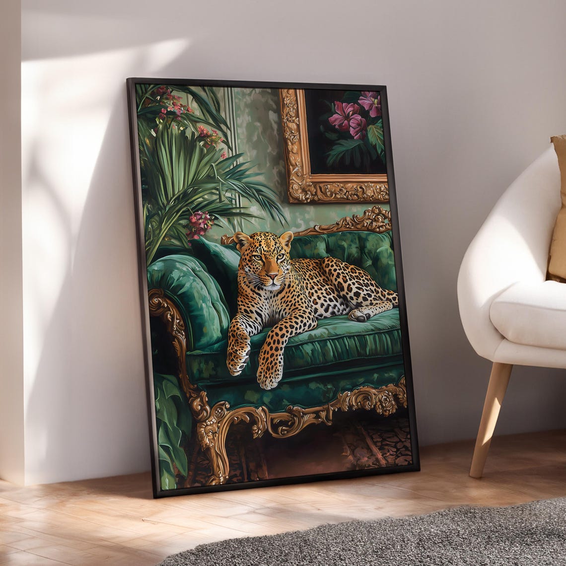 Leopard On Emerald Green Velvet Sofa Maximalist Jungle Poster