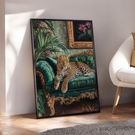 Leopard Emerald Sofa Poster Luxury Vintage Wall Art Maximalist Print Velvet Retro Decor Baroque Prints Digital File