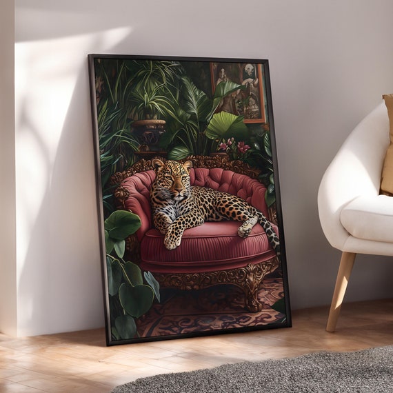 Leopard On Pink Sofa Poster Vibrant Maximalist Prints Wall Decor Jungle Tiger Print Art Digital File