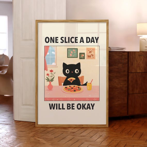 Funny Pizza Cat Poster Black Wall Art Italian Kitchen Print Retro Diner Decor Cute Lover Gift Optional Frame