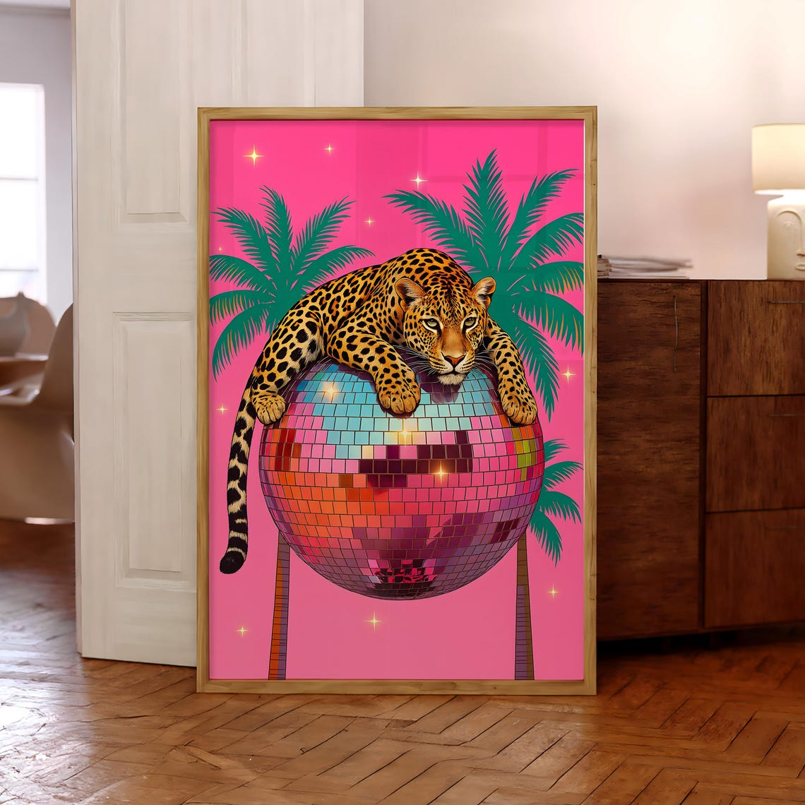 Leopard Draped Over Disco Ball Hot Pink Palm Tree Party Poster