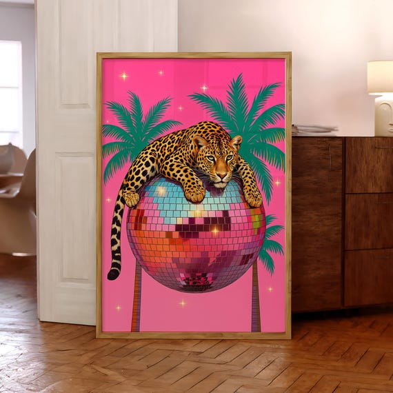 Leopard On Disco Ball Poster Jungle Print Wall Art Vibrant Maximalist Prints Decor Optional Frame
