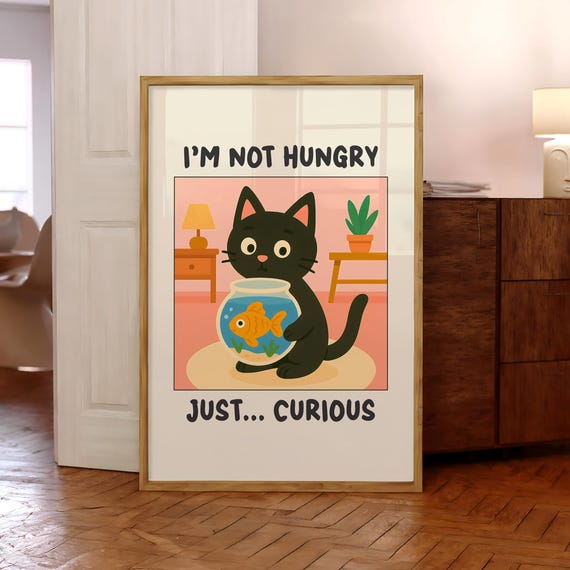 Funny Cat And Fish Tank Poster Aquarium Matisse Playful Lover Wall Art Cute Black Goldfish Print Optional Frame