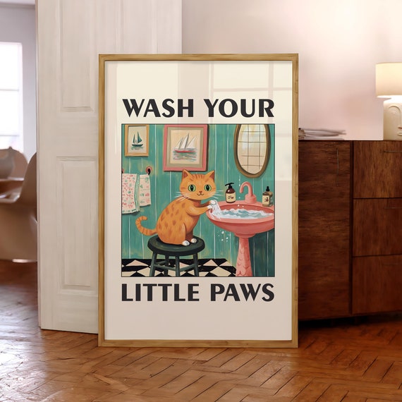 Wash Your Paws Cat Poster Washing Up Print Humor Wall Art Orange Funny Toilet Bathroom Optional Frame
