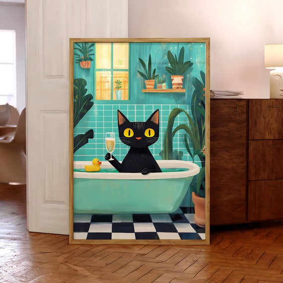 Funny Black Cat Rubber Duck Poster Jungle Wall Art Animal Bathroom Pink Prints In Bathtub Print Optional Frame