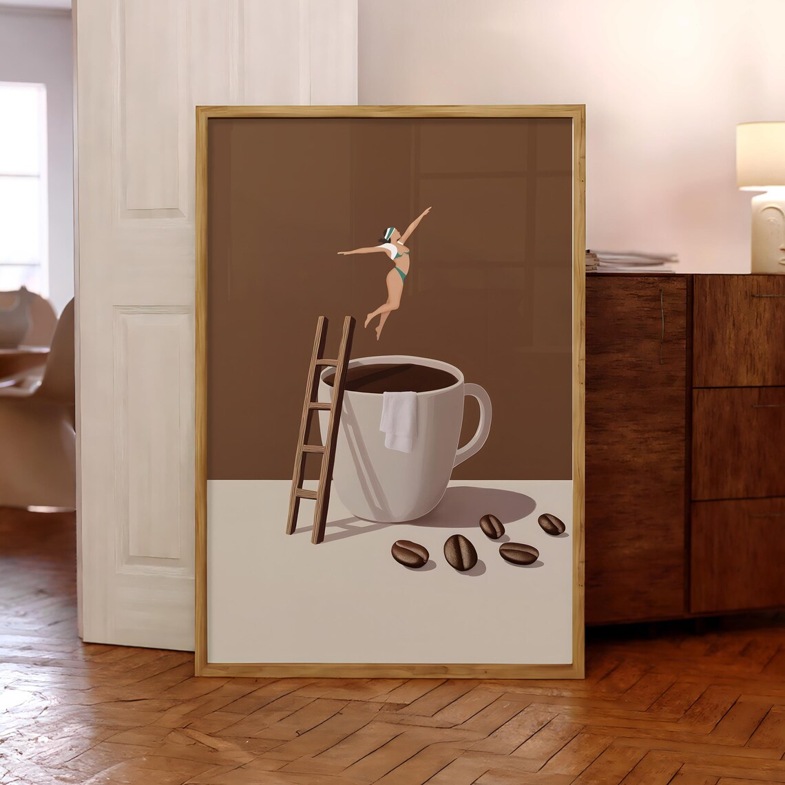 Coffee Diver Surreal Minimalist Poster, Kitchen Decor
