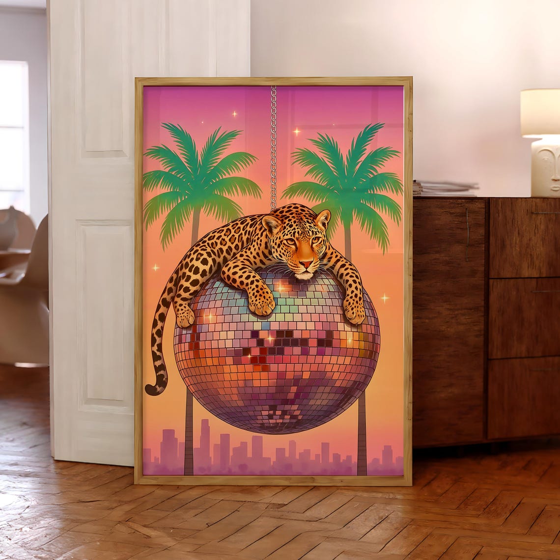 Leopard On Disco Ball Poster Vibrant Maximalist Prints Jungle Print Wall Decor Art Optional Frame