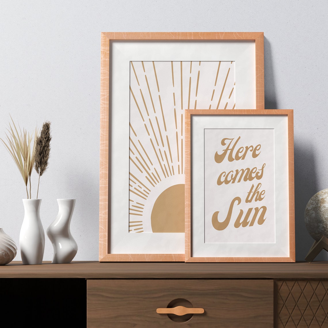 Here Comes The Sun Retro Pair Mustard Sunrise Typography Poster - Image 4