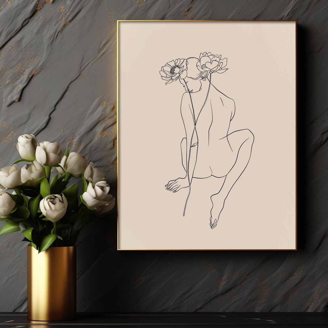 Female Line Drawing Floral Head Minimalist Neutral Figure Poster - Image 3