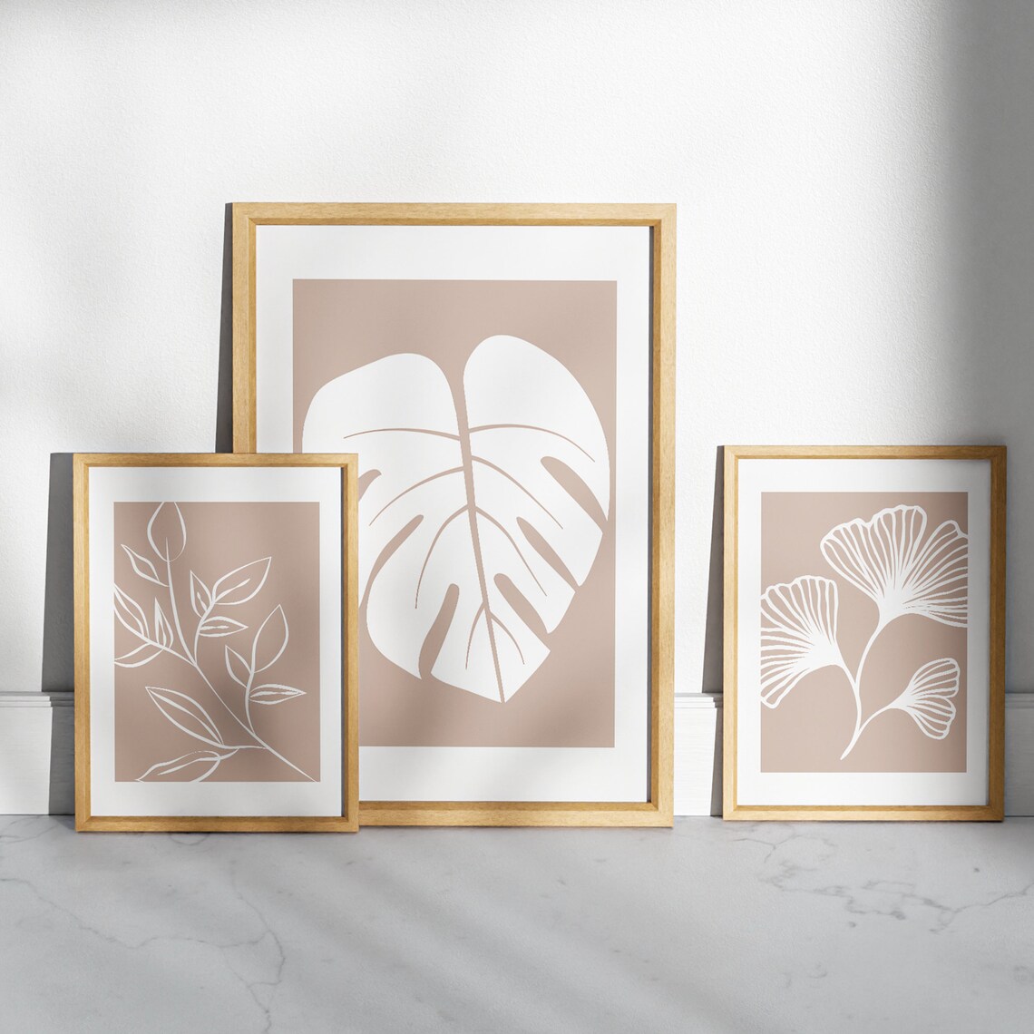 Set Of 3 Beige Botanical Line Art Leaves Monstera Ginkgo Poster - Image 3