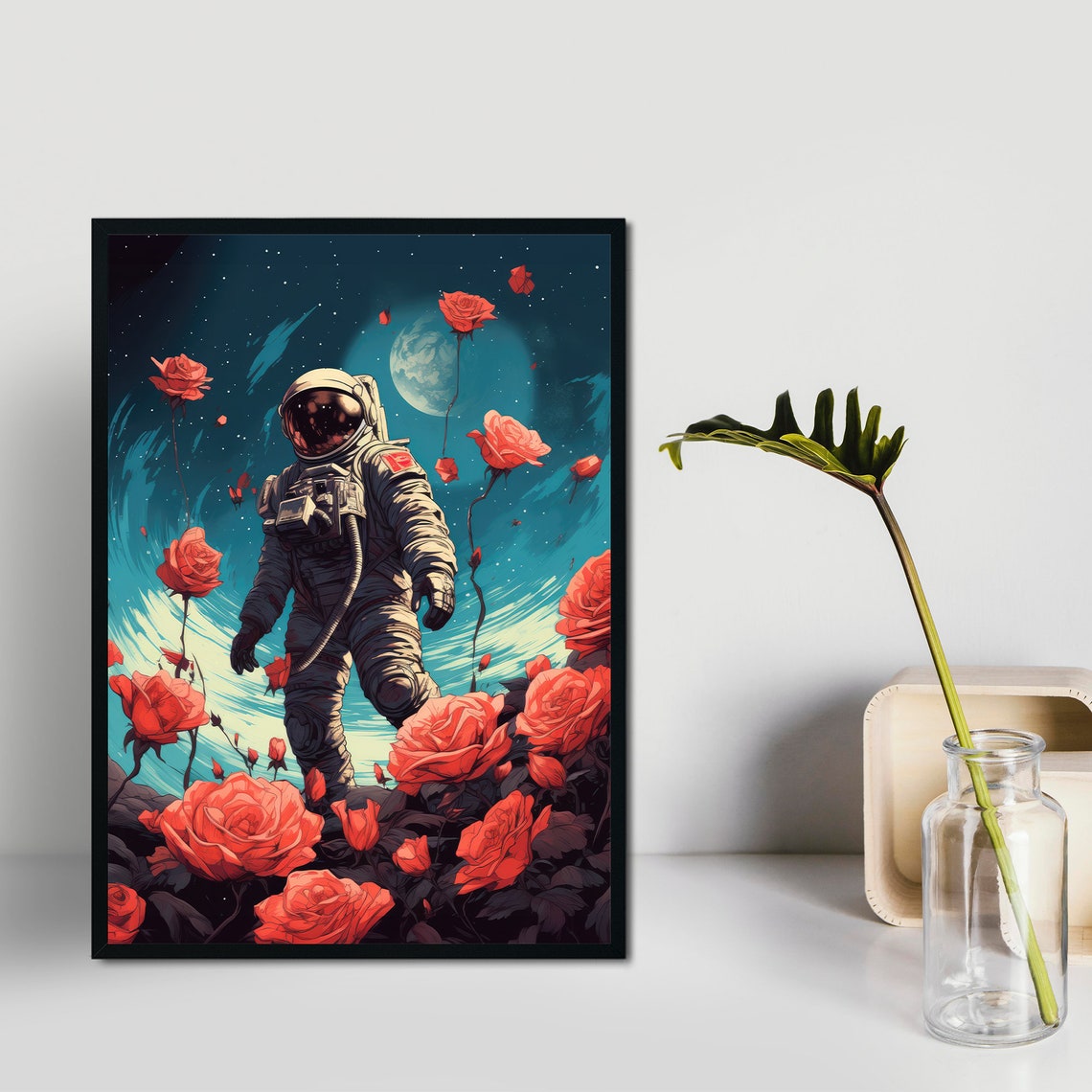 Astronaut Walking Among Giant Red Roses Space Fantasy Art Poster - Image 3