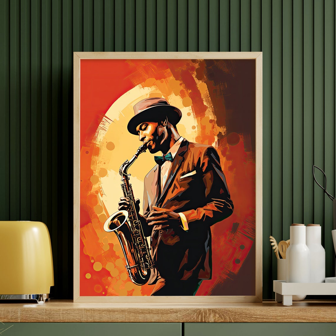 Jazz Saxophonist Hat Bow Tie Fiery Orange Stylized Art Poster - Image 2