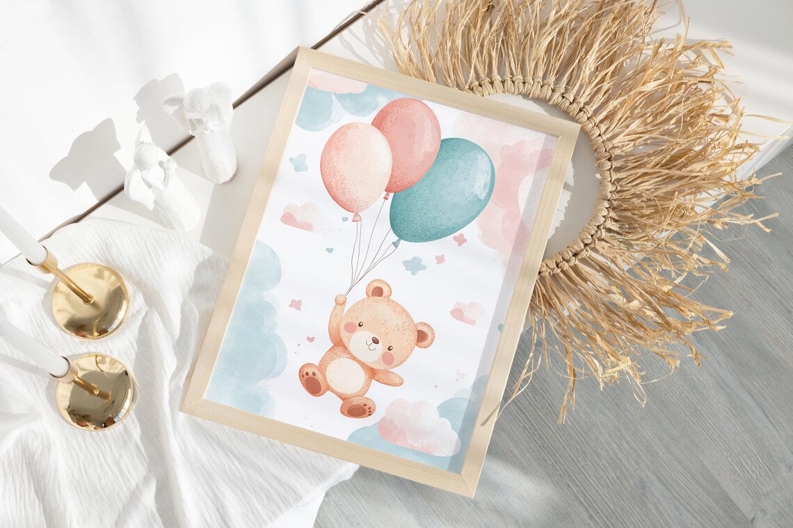 Cute Teddy Bear Holding Balloons Watercolor Nursery Poster Pastel Baby Room Art - Image 5