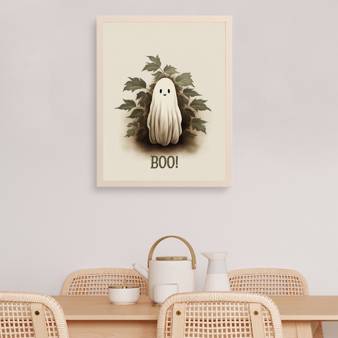 Cute Ghost Boo Vintage Halloween Autumn Leaves Nursery Art Poster - Image 2