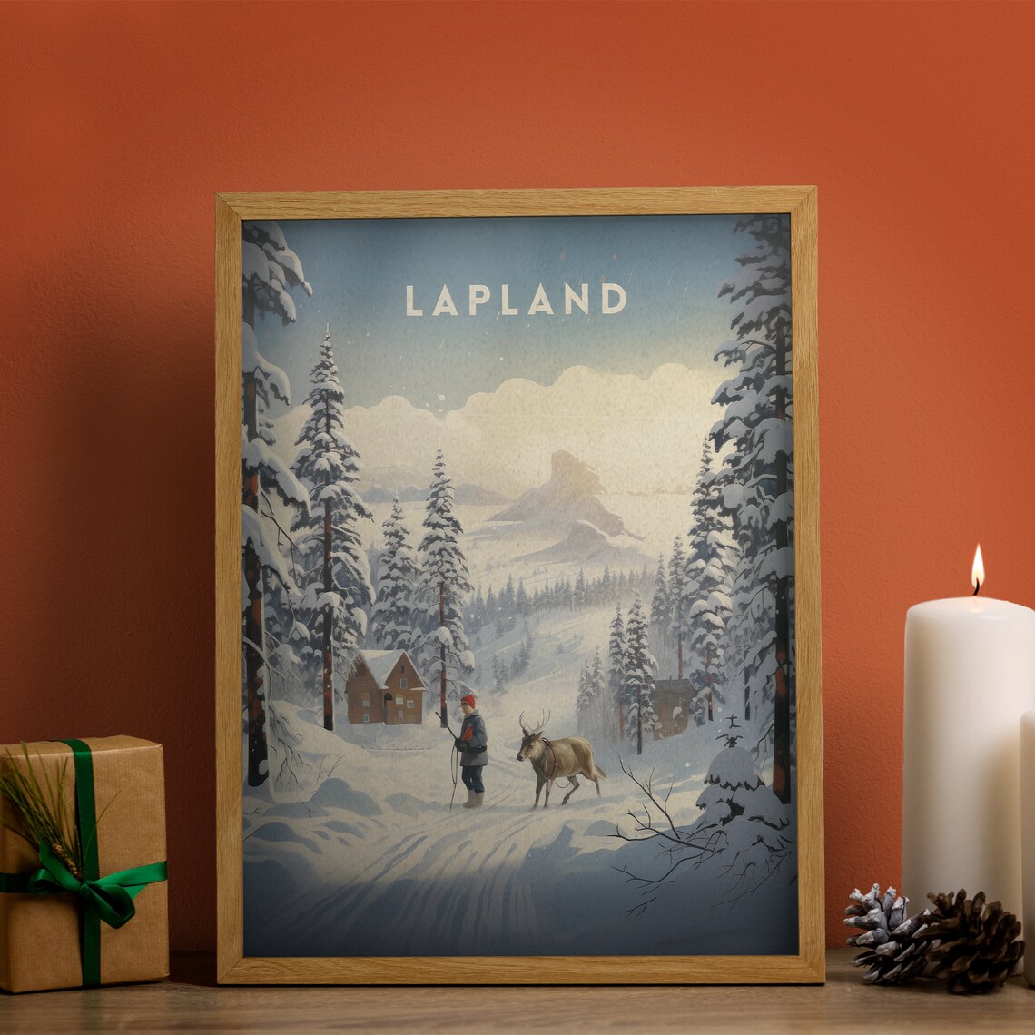 Lapland Vintage Travel Snowy Forest Reindeer Cabin Scene Poster - Image 2