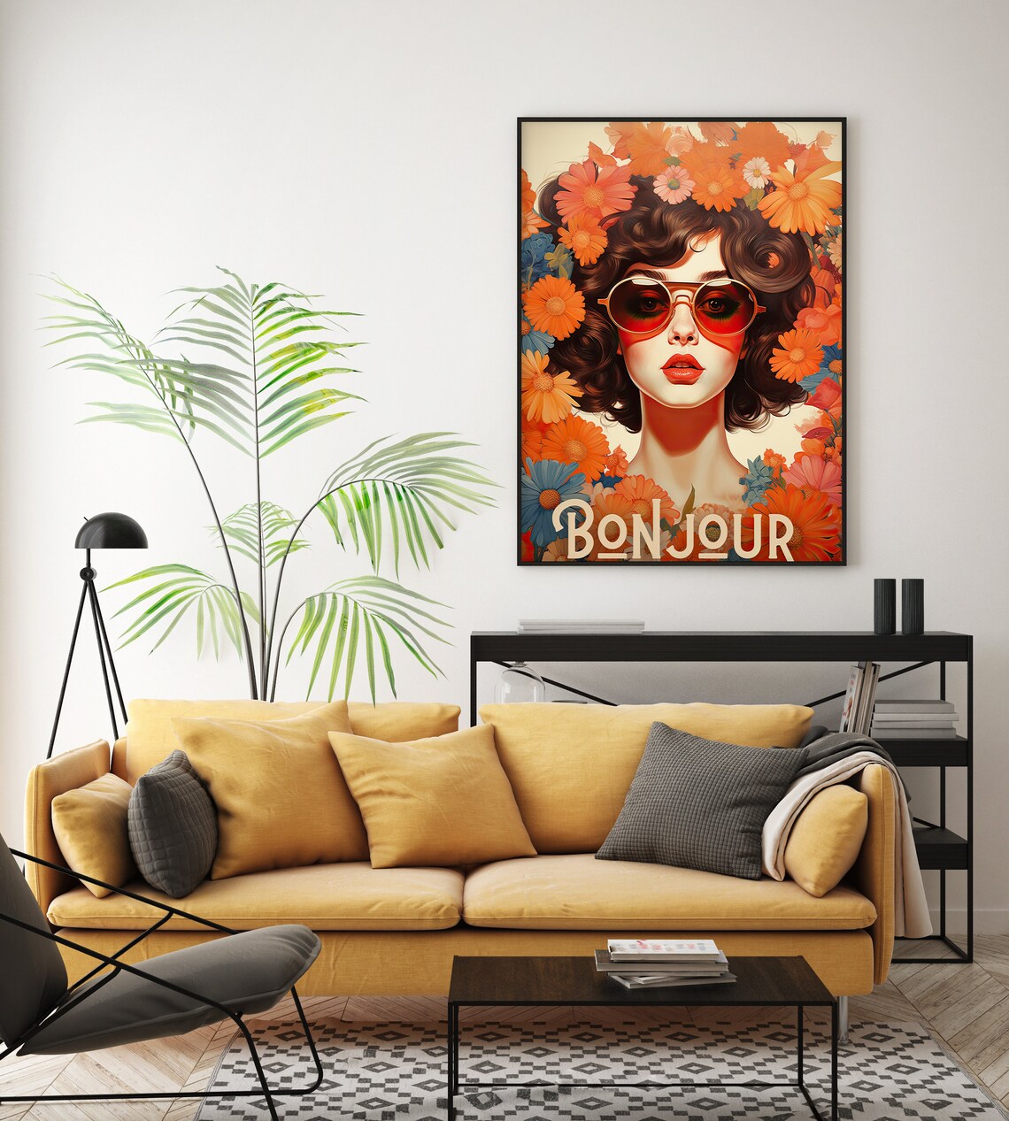 Bonjour French Retro Woman with Sunglasses Floral Pop Art Poster - Image 2
