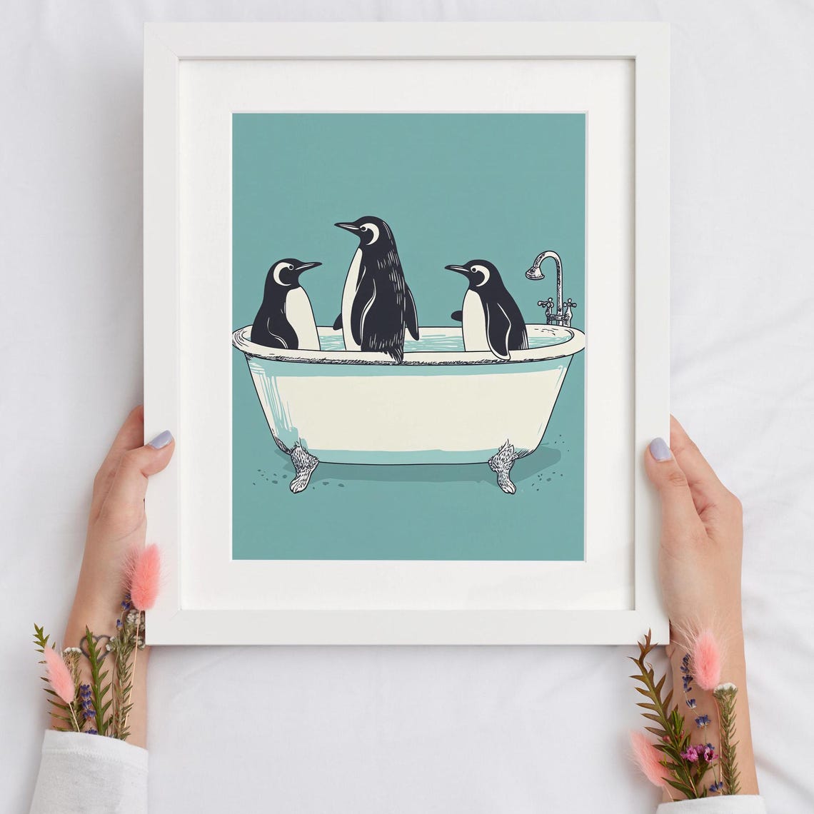 Gentoo Penguins In Clawfoot Bathtub Teal Bathroom Funny Poster - Image 3