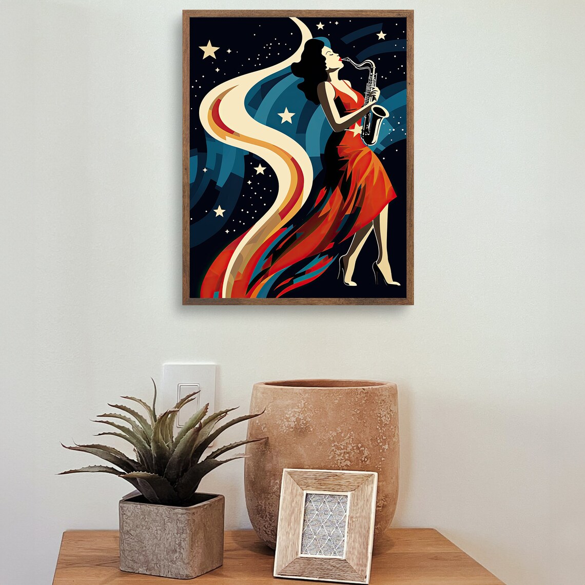 Saxophone Lady Red Dress Starry Night Art Deco Jazz Music Poster - Image 2