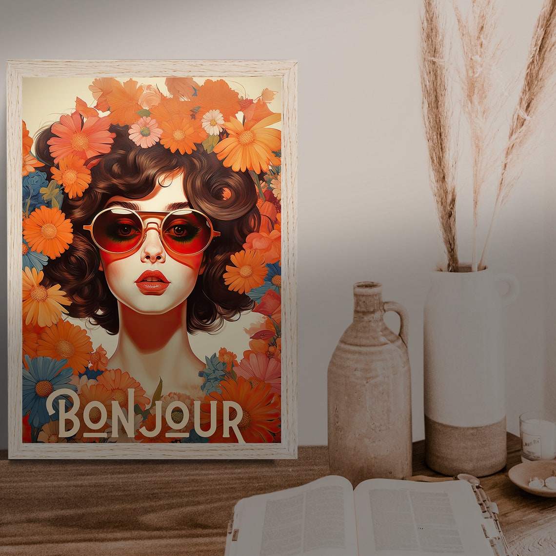Bonjour French Retro Woman with Sunglasses Floral Pop Art Poster - Image 4