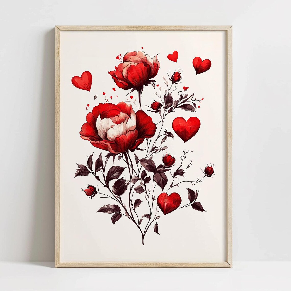 Red Roses and Hearts Bouquet Romantic Vintage Valentine Art Poster