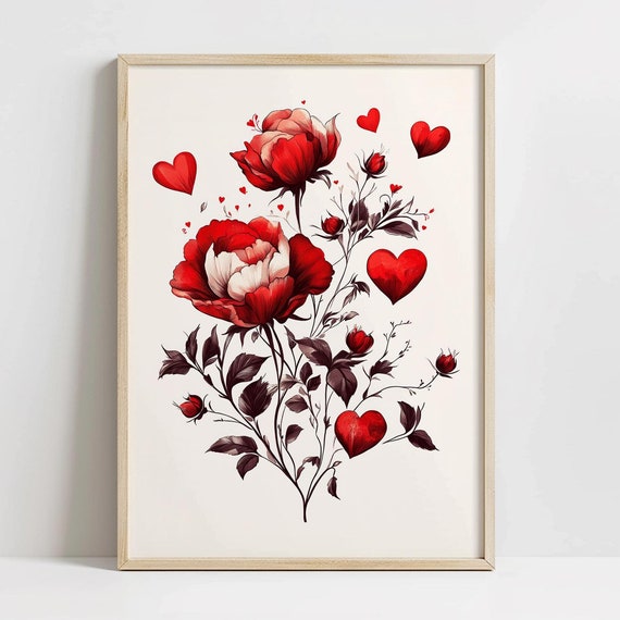 Red Flowers Valentine Print Valentines Day Wall Art Cute Romantic Decor Girly Dorm Room Art Red Roses Floral Poster Prints